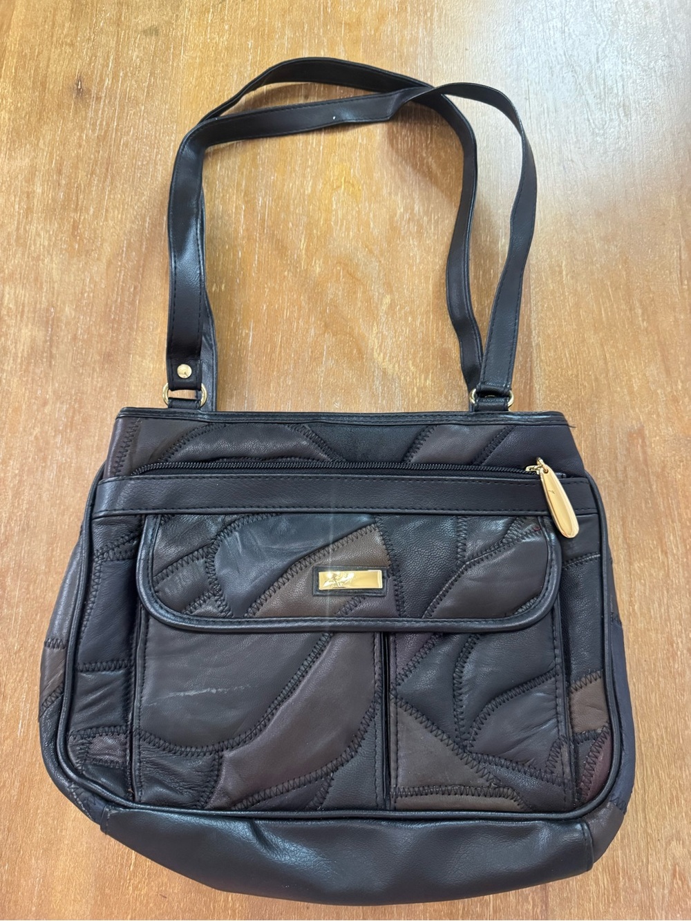 Women's Black Patchwork Leather Shoulder Bag with Gold Accents